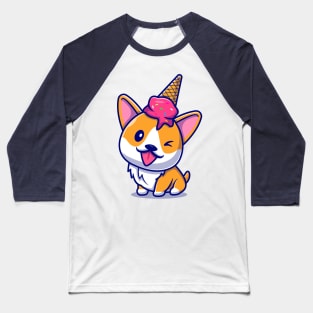 Cute Corgi Dog With Ice Cream On Head Cartoon Baseball T-Shirt